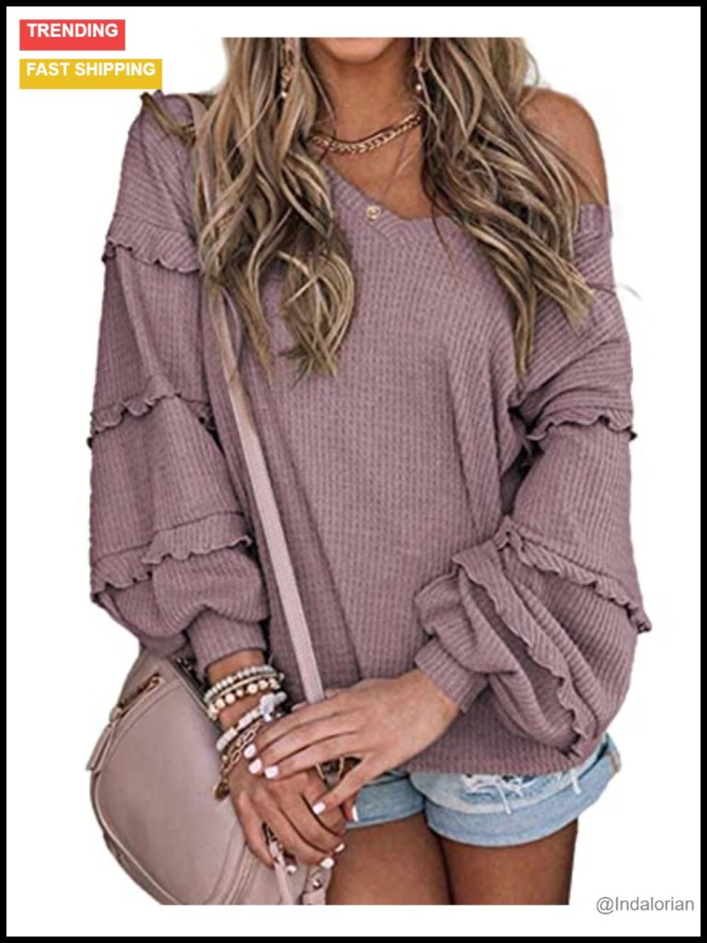 Waffle Knit Tunic Top Lantern Sleeve Off Shoulder Womens Fall Shirt